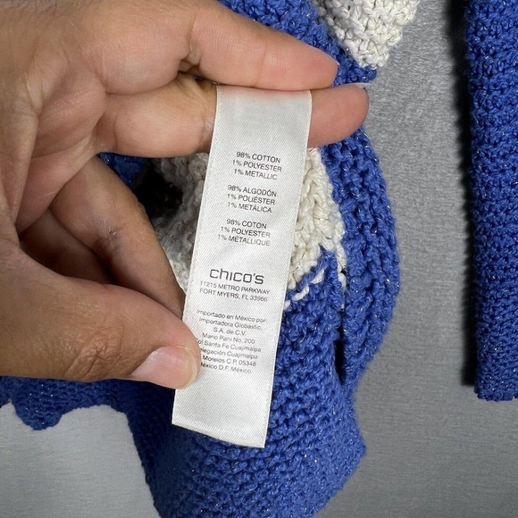 Chico's Sweater Top Size 3/XL Blue Striped Metallic Gold Open Knit Pullover - Picture 9 of 13